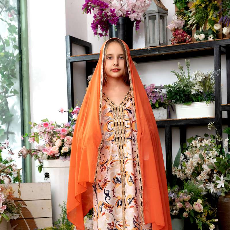 Eid Floral Printed Muslim Gril Kaftan Dress