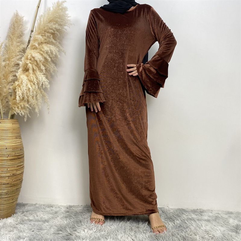 Winter Fall Thick Velvet Flare Sleeve Abaya Inner Dress For Muslim Women