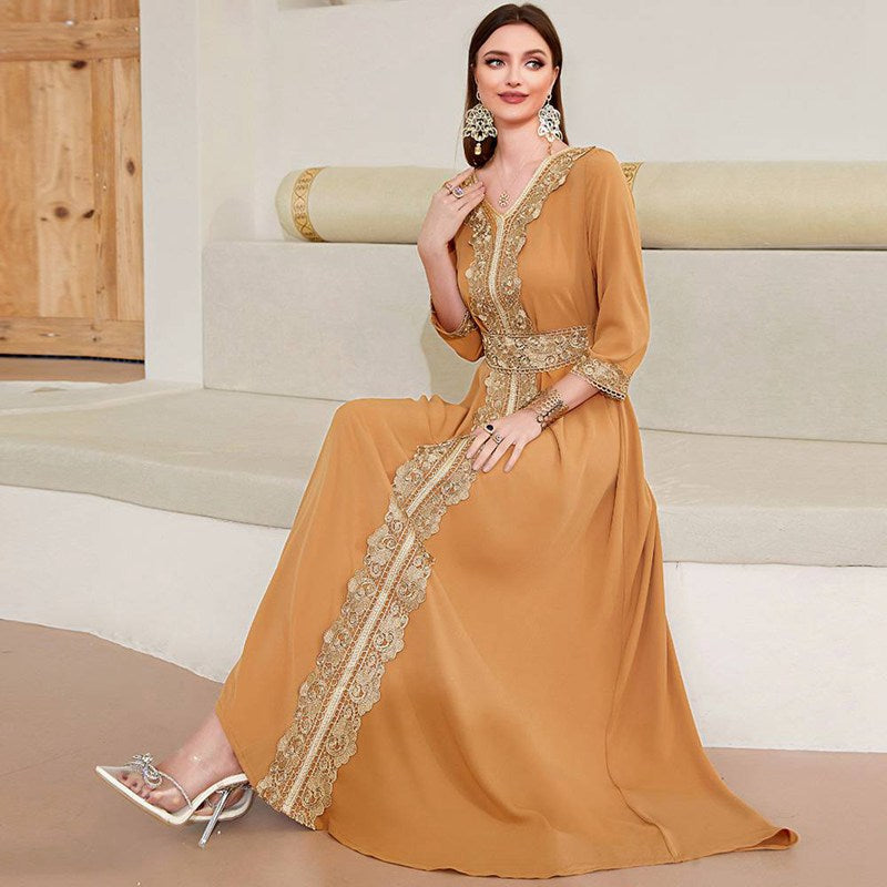 Middle East Vintage Elegant Women Caftan Kaftan Dress With Lace