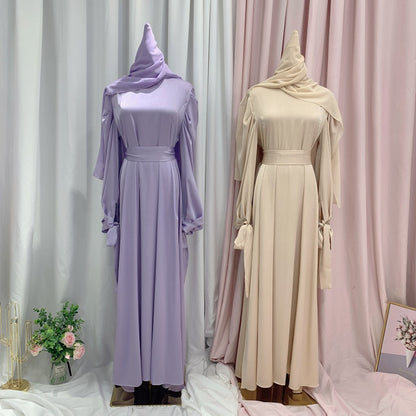 Muslim Women Plain Satin Abaya Dress With Hijab Scarf