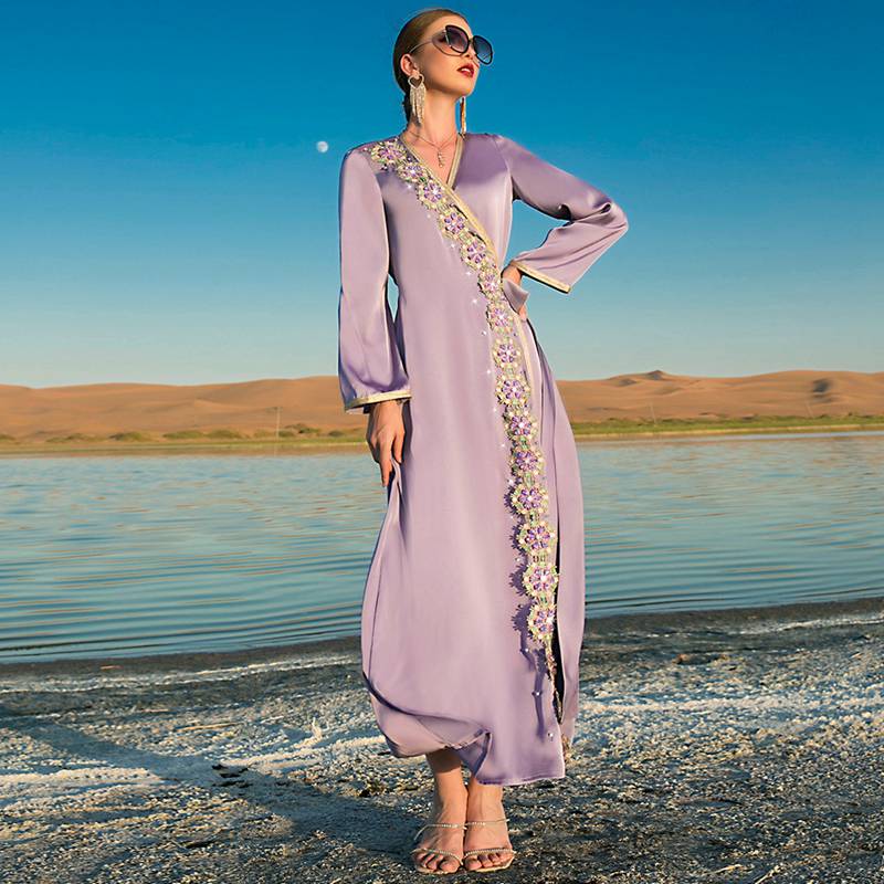 Dubai Hand-stitched Rhinestone Kaftan Long Dress For Women