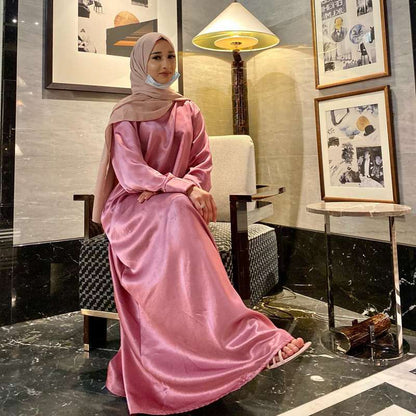 13 Color Options Solid Color Muslim Women Satin Abaya Dress Middle East Turkish