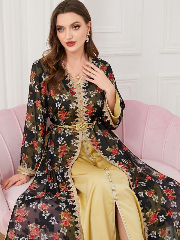 Eid Dress Women 2 Pieces Set Flower Printed Caftan Kaftan Dress With Inner Dress