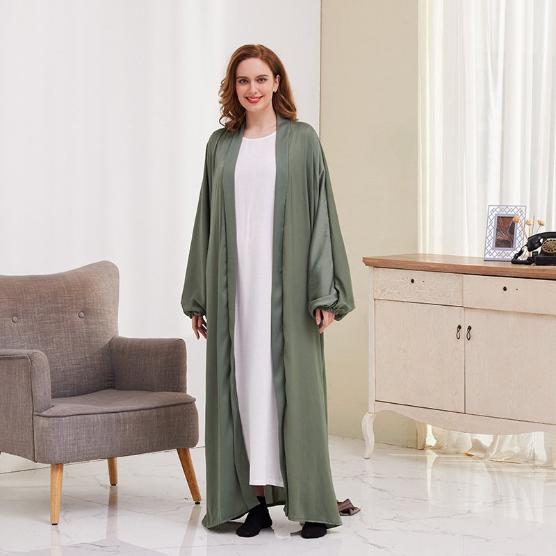 8 Color Options Satin Lantern Sleeve Open Abaya Dress Muslim Dubai Women