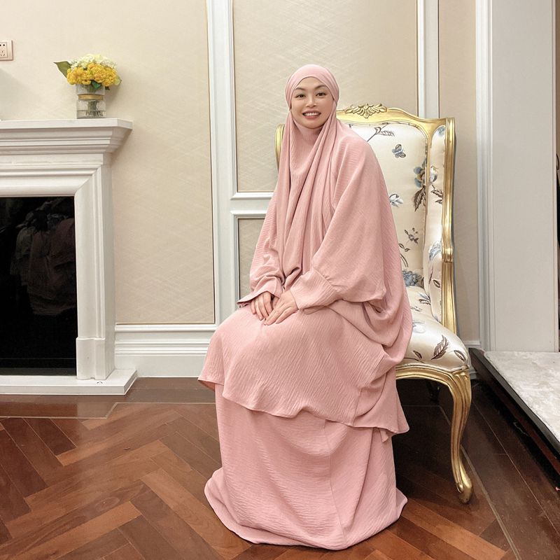 2 Pieces Set Winkle Jilbab Abaya Dress For Muslim Women