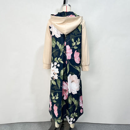 Muslim Women Flower Printed Winterfall Hoodie Long Dress