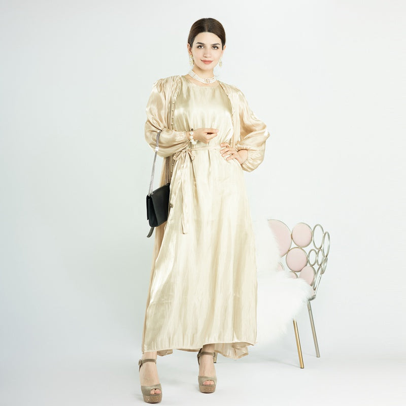 Eid 2 Pieces Set Silk Feeling Beads Open Abaya Dress, With Outer Abaya And Inner Sleeveless Dress