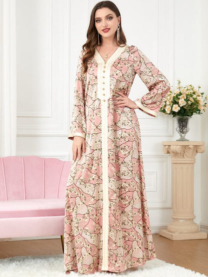 Eid Dress Floral Printed Satin Kaftan Dress Caftan Jalabiya