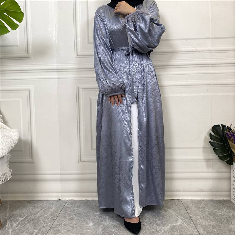 Muslim Women Printed Satin Open Cardigan Abaya Dress With Feather Puff Sleeve