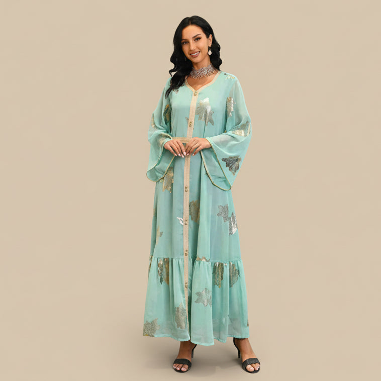 Medium Green Eid Dress Bronzing Chiffon Caftan Kaftan Dress