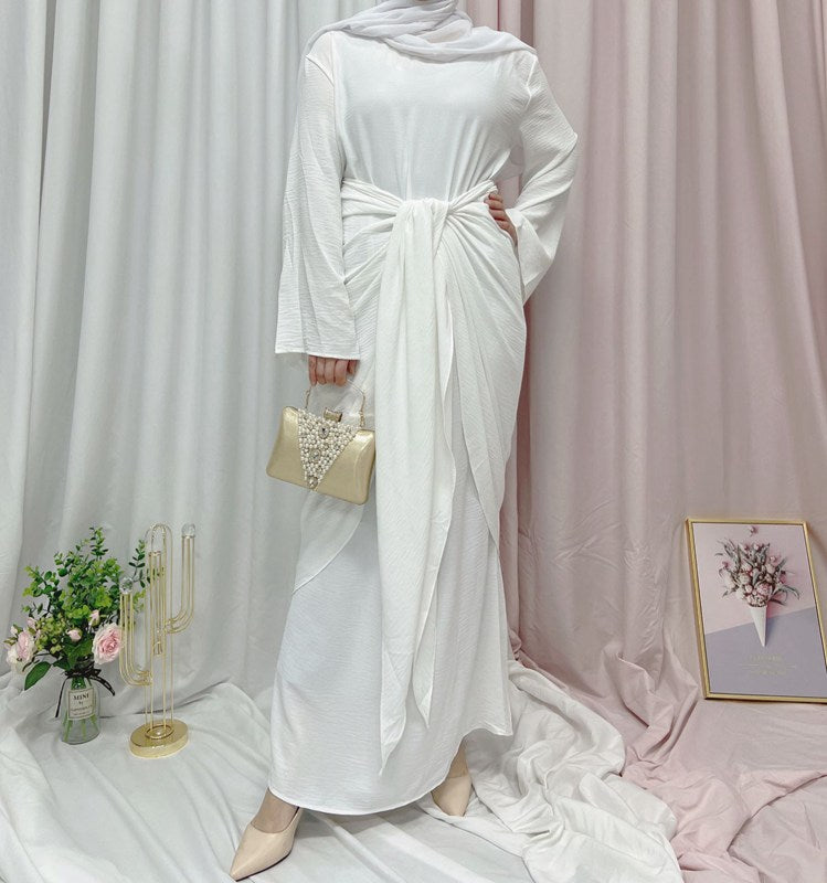 Rayon Synthetic Silk Long Sleeves Wrinkle Muslim Women Abaya Dress