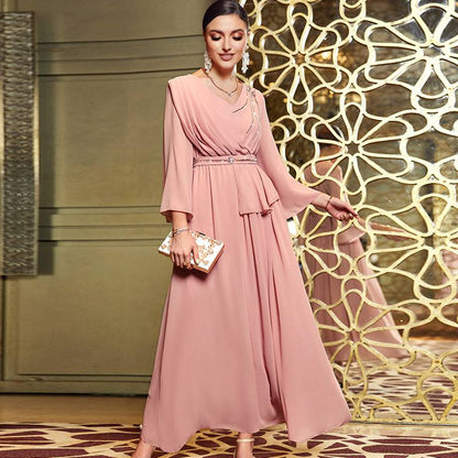 Arab Hand-stitched Rhinestone Beads Pink Chiffon Caftan Kaftan Dress