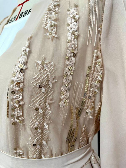 Double Layer Chiffon Sequin Embroidery Muslim Women Cardigan Open Abaya Dress