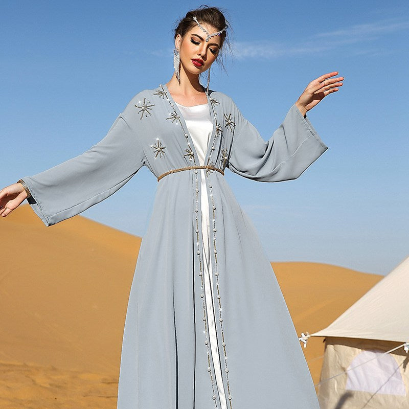 Arab Hand-stitched Rhinestone Open Cardigan Abaya Dress