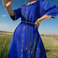 Dubai Blue Satin Middle-length Sleeves Kaftan Women Dress With Hand-stitched Rhinestonee