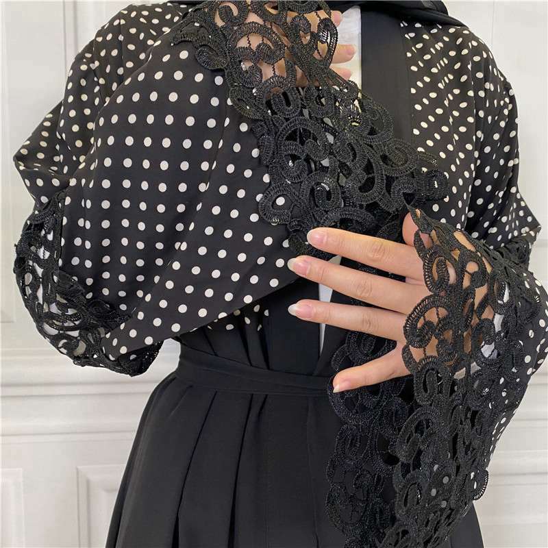 Fashion Lace Polka Dot Cardigan Open Abaya Dress