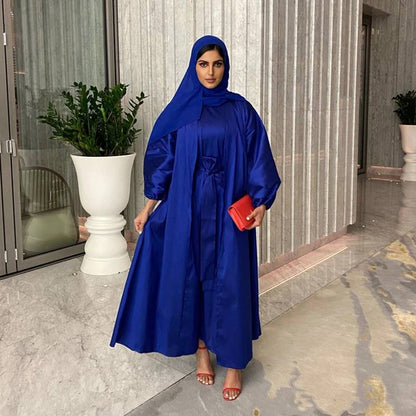 Muslim Women 2 Pieces Set Open Abaya With Inner Dress