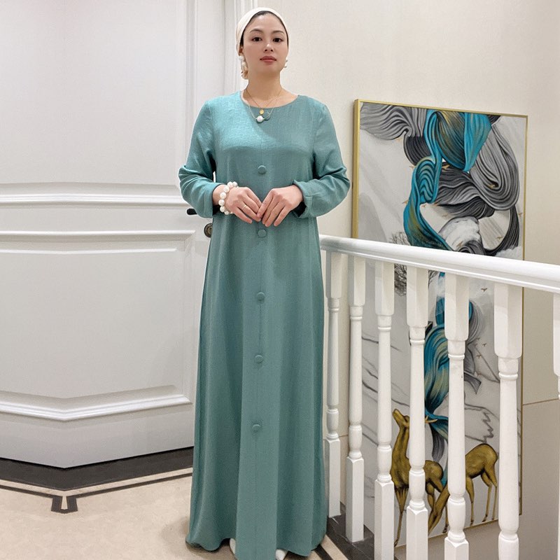 3 Pieces Set Cotton Blend Muslim Women Open Abaya Set, With Out Abaya, Inner Dress And Midi Wrap