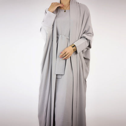 Heavy Wrinkle 2 Pieces Suit Set Muslim Women Open Abaya Dress Set, With Outer Abaya And Sleeveless Inner Dress