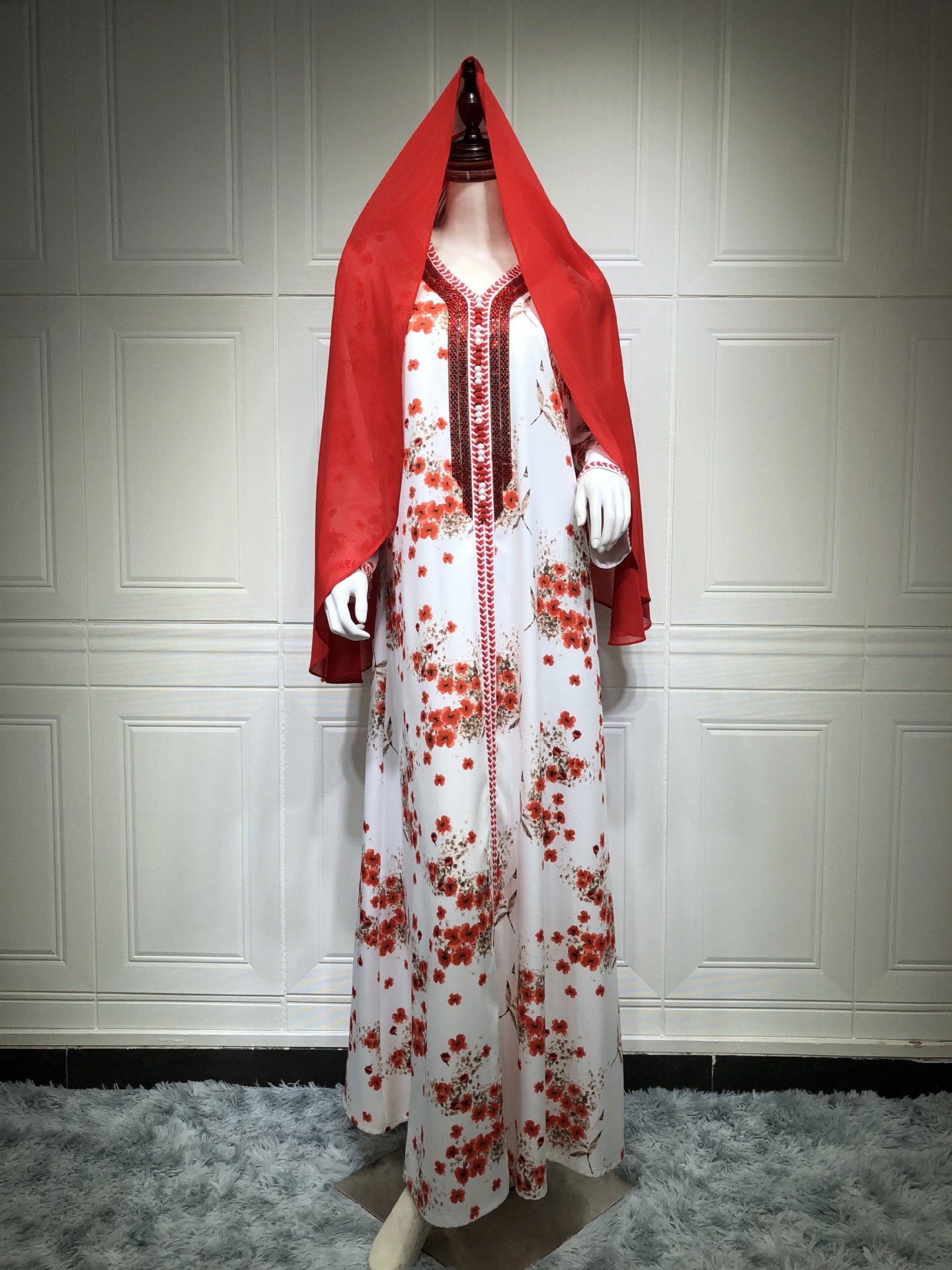 Ramadan Flower Hotfix Rhinestone Printed Jalabiya Kaftan Dress For Muslim Women