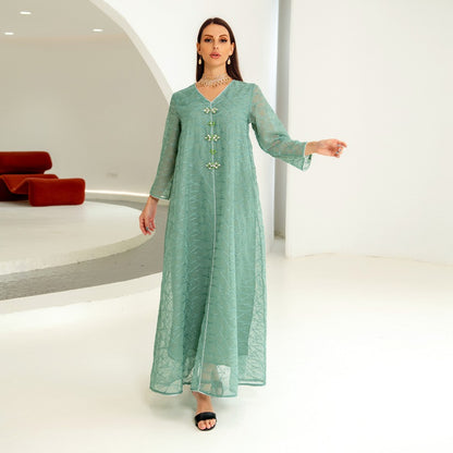Muslim Women Mesh Abaya Kaftan Dress With Beads And Belt