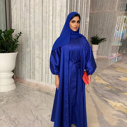 Muslim Women 2 Pieces Set Open Abaya With Inner Dress