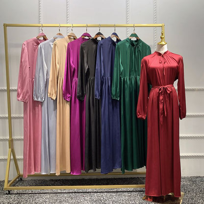 8 Colors Option Muslim Women Satin Abaya Dress