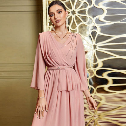 Arab Hand-stitched Rhinestone Beads Pink Chiffon Caftan Kaftan Dress
