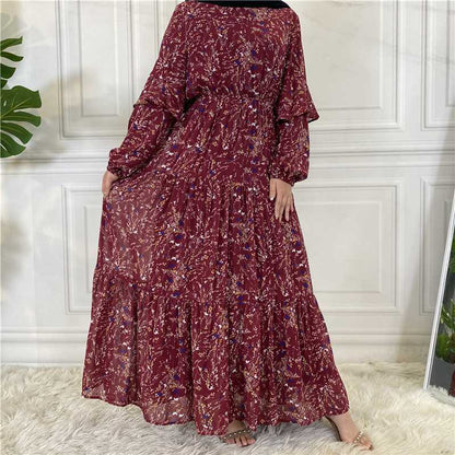 Muslim Women Chiffon Floral Printed Abaya Dress