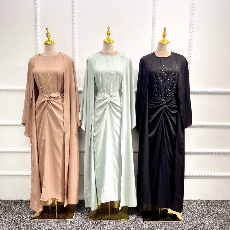 Muslim Women 4 Pieces Set Open Abaya Dress With Inner dress, Out Abaya, Mid Wrap, And Hijab Scarf