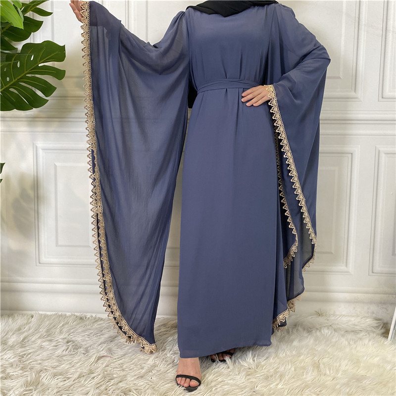 Muslim Women Solid Color Loose Chiffon Abaya Dress Long Sleeve With La –  Urgarment