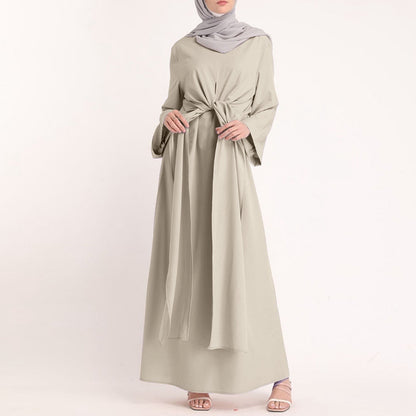 S-5XL Muslim Women Solid Color Plain Belted Abaya Dress