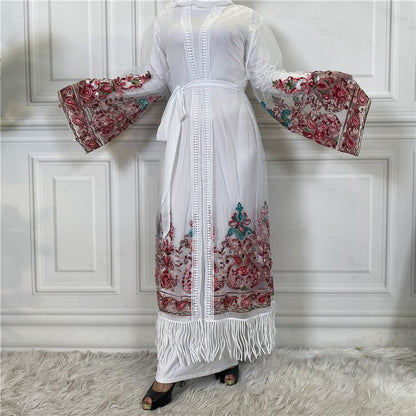 Muslim Women Embroidery Mesh Open Abaya Dress