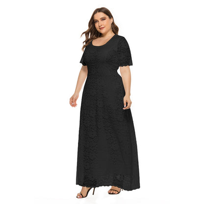 Summer Plus Size Short Sleeve Lace Hollow-carved Evening Formal Dress