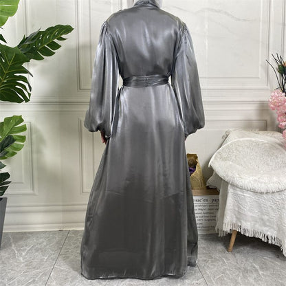 Silk Feeling Puff Sleeve Arab Muslim Women Open Abaya Dress