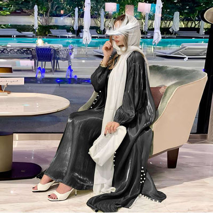 2 Pieces Set Satin Beads Muslim Women Open Abaya Dress With Inner Sleeveless Dress