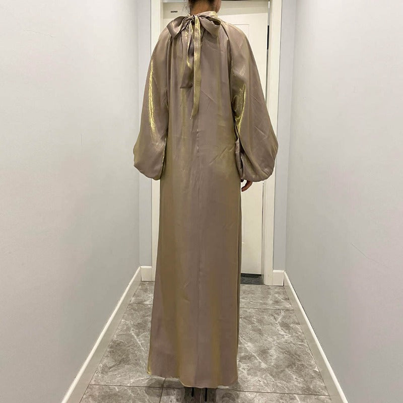 Puff Sleeve Bright Muslim Women Abaya Dress