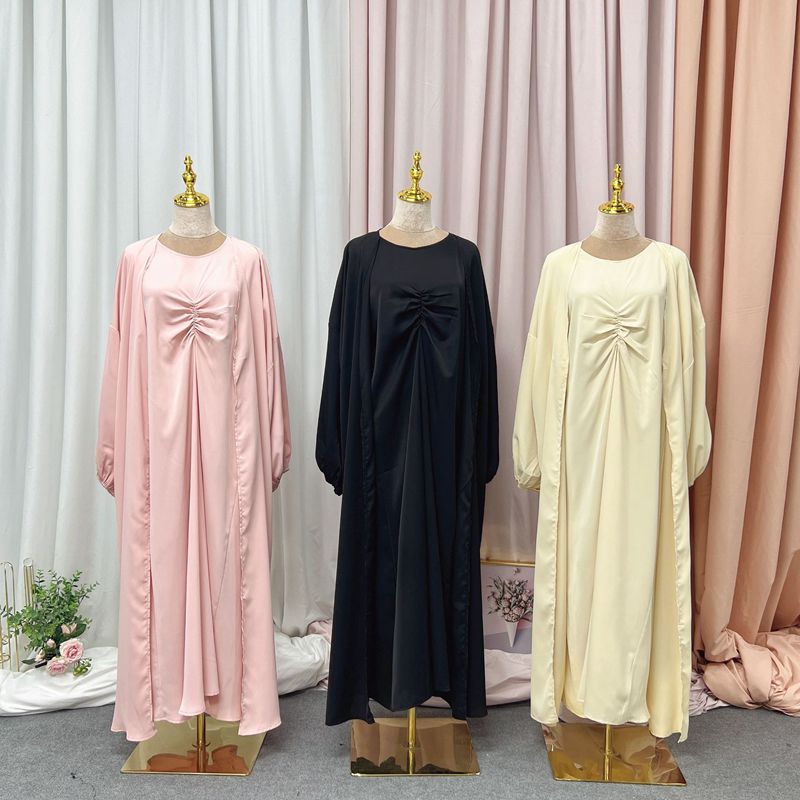 3 Pieces Set Nida Solid Color Muslim Women Open Abaya Dress Dubai Turkish