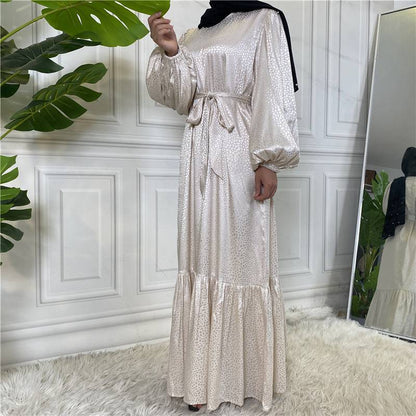 Muslim Women Fashion Satin Printed Abaya Dress With Pocket