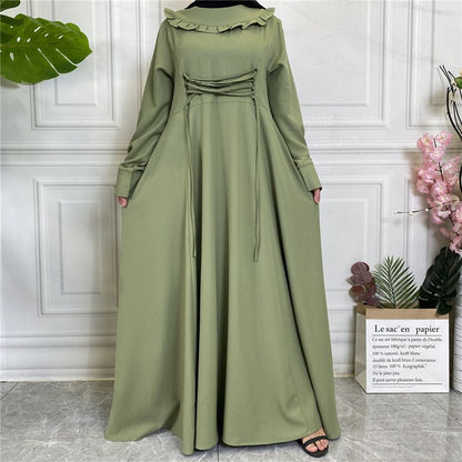 Muslim Women Solid Color Pleated Abaya Dress