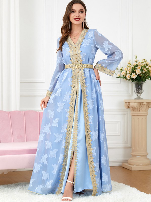 Eid Dress 2 Pieces Set Arab Embroidery Kaftan Dess With Sleeveless