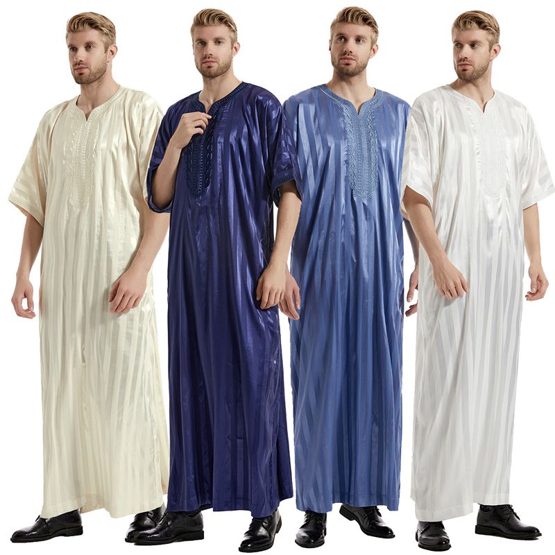 Muslim Men Clothing Arab Stripe Pattern Embroidery Thobe Thawb With Pocket