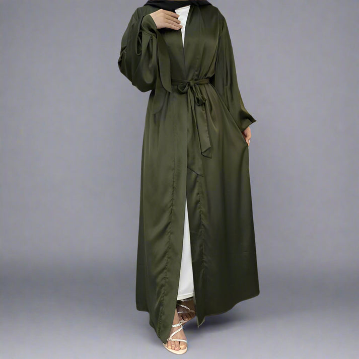 Muslim Women Flare Sleeve Beads Satin Open Abaya Dress With Pocket