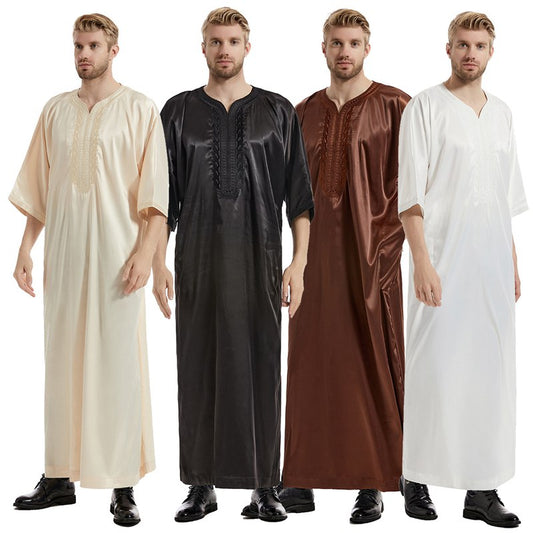 Muslim Arab Men Half Sleeve Embroidery Satin Thobe Thawb