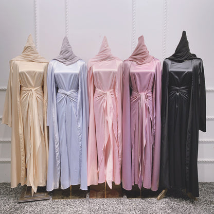 Muslim Women 4 Pieces Set Abaya Dress With Inner Dress, Out Abaya, Mid Wrap And Scarf