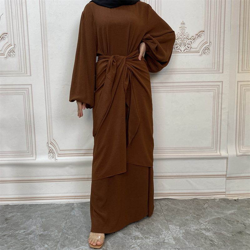 Solid Color Muslim Women Abaya Dress With Mid Wrap