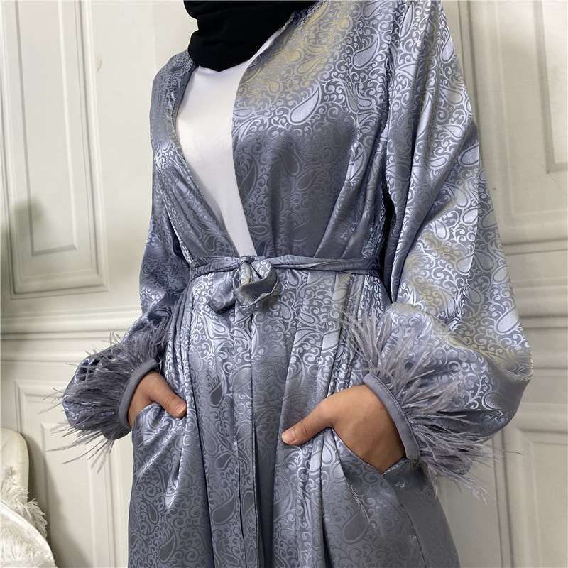 Muslim Women Printed Satin Open Cardigan Abaya Dress With Feather Puff Sleeve