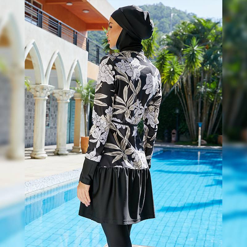 Muslim Women Swimwear Burkinis Floral Printed Halal Swimsuit 3 Pieces Set