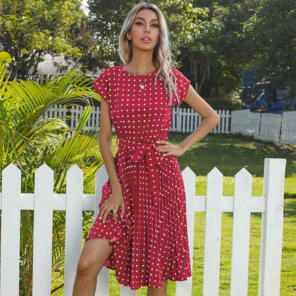 Summer Polka Dots Printed Pleated Midi Women Dress