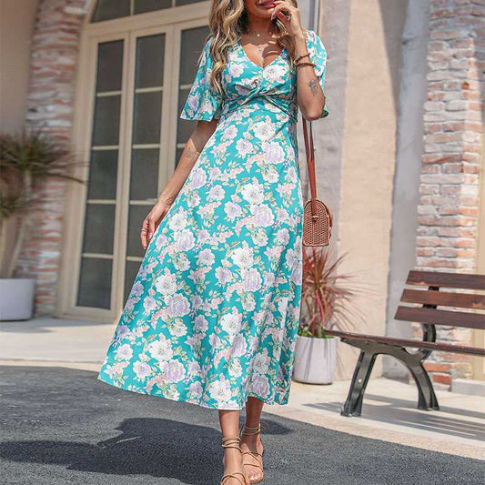 Deep V Floral Printed Women Dress